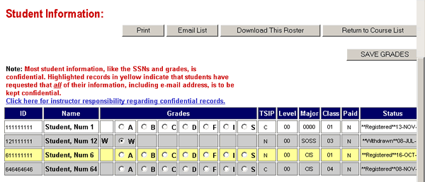 Student Information Screen